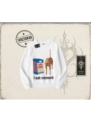 Tarzsokak Unisex I Eat Cement Oversize Unisex Bisiklet Yaka Sweatshirt Beyaz