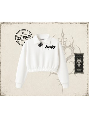 Tarzsokak Unisex Holy Spirit Kadın Crop Polo Yaka Yarım Fermuarlı Sweatshirt Beyaz