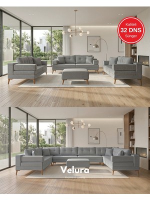 Velura Home & Living Zeri 3+3+3 Yataklı Puzzle Modüler U Köşe Koltuk Takımı & Puflu Köşe Takımı - Gri 104