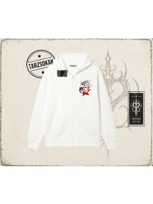 Tarzsokak Unisex Horny Star Oversize Unisex Hırka & Çeket Fermuarlı Sweatshirt Beyaz