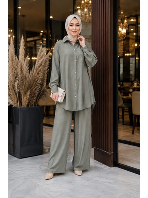 Esra Butik Yıkanmış Tensel Kumaş Boydan Düğmeli Tesettür Tunik Pantolon Takımı – Haki