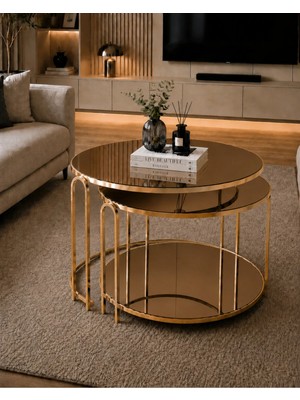 Sedaş Living Units 2 Li Salon Yavrulu Katlı Orta Sehpa Bronz Aynalı Ayna Lenka (Gold) Metal Ayak Sehpa_orta_lux