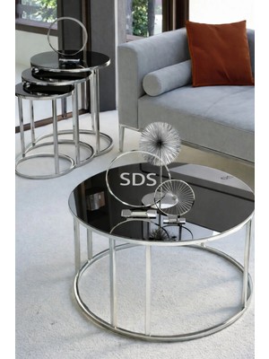 Sedaş Living Units 4 Lü Füme Ayna Gümüş Metal Ayaklı Ayna C Model Sehpa Takımı (Zigon ve Orta)