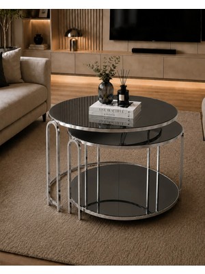 Sedaş Living Units 2 Li Salon Yavrulu Katlı Orta Sehpa Füme Aynalı Ayna Lenka (Gümüş) Metal Ayak Sehpa_orta_lux