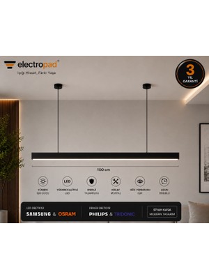 ELECTROPAD LED Sarkıt Lineer Aydınlatma 100 cm Alüminyum Siyah Kasa 4000K Doğal Beyaz