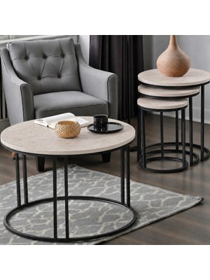 Sedaş Living Units 4 Lü Traverten (Suntalam) Siyah Metal Ayaklı Cam C Model Sehpa Takımı (Zigon ve Orta)