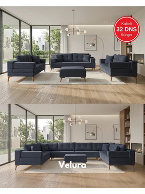 Velura Home & Living Zeri Modüler Yataklı 3 Adet Üçlü Kanepe & 3'lü Koltuk (3+3+3) - Lacivert
