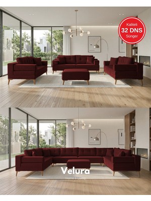 Velura Home & Living Zeri Modüler Yataklı 3 Adet Üçlü Kanepe & 3'lü Koltuk (3+3+3) - Bordo