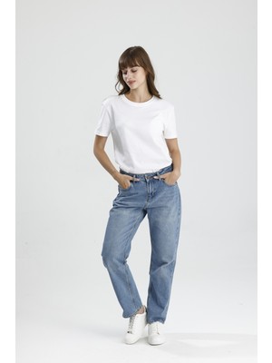 Özel Tasarım Bol Rahat Açık Tonlu Indigo Denim RICKY15 Boyfriend Fit Kadın Jean Pantolon