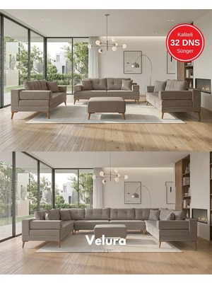 Velura Home & Living Zeri Modüler Yataklı 3 Adet Üçlü Kanepe & 3'lü Koltuk (3+3+3) - Sütlü Kahve
