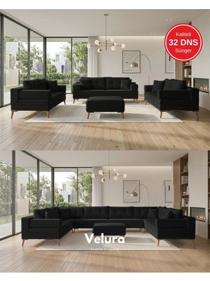 Velura Home & Living Zeri Modüler Yataklı 3 Adet Üçlü Kanepe & 3'lü Koltuk (3+3+3) - Siyah