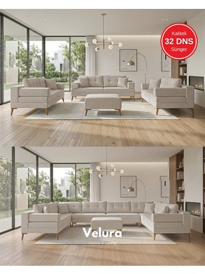 Velura Home & Living Zeri Modüler Yataklı 3 Adet Üçlü Kanepe & 3'lü Koltuk (3+3+3) - Krem