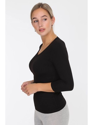 Obje Kadın Siyah Penye Modal V Yaka Kapri Kol Body
