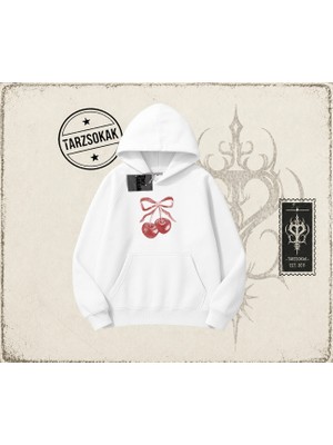 Tarzsokak Unisex Kiraz Kurdele Tram Oversize Unisex Kapşonlu Sweatshirt Beyaz