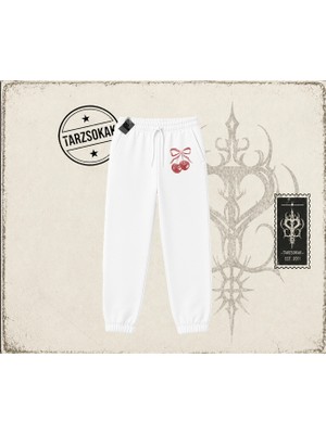 Tarzsokak Unisex Kiraz Kurdele Tram Unisex Jogger Eşofman Altı Beyaz