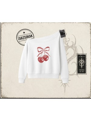 Tarzsokak Unisex Kiraz Kurdele Tram Kadın Kayık Yaka Sweatshirt Beyaz
