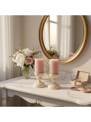 U Atölye Natura Dişbudak Ahşap Şamdan Standart Silindirik Mum Için Salon Konsol Mumluk 2'li Set 8 cm