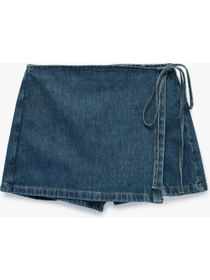 Koton Rahat Kalıp Bağlama Detaylı Pamuklu Mini Denim Şort Etek