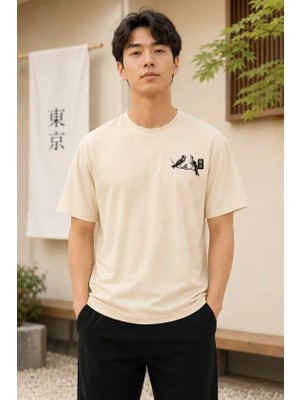 İkales Ikales Erkek Ön ve Arka Tokyo Kuş Çiçek Baskılı Oversize T-Shirt - Ekru