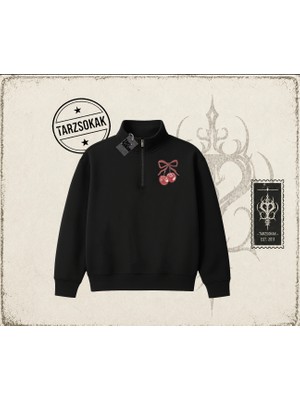 Tarzsokak Unisex Kiraz Kurdele Tram Unisex Polo Yaka Yarım Fermuarlı Sweatshirt Beyaz