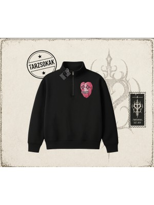 Tarzsokak Unisex Kalp Unisex Polo Yaka Yarım Fermuarlı Sweatshirt Beyaz
