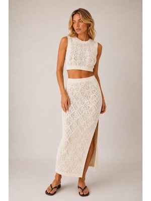 Alexander Gardi Ajurlu Triko Crop Bluz & Yırtmaçlı Midi Etek Takım