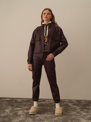 Xint Kadın Bordo Deri Görünümlü Oversize Ceket
