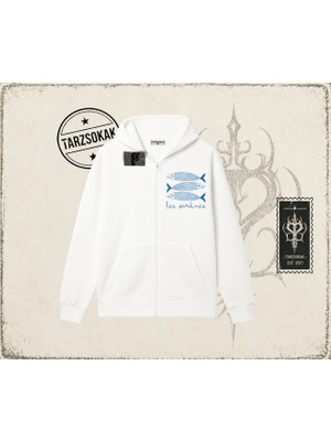 Tarzsokak Unisex Les Sardines Oversize Unisex Hırka & Çeket Fermuarlı Sweatshirt Beyaz