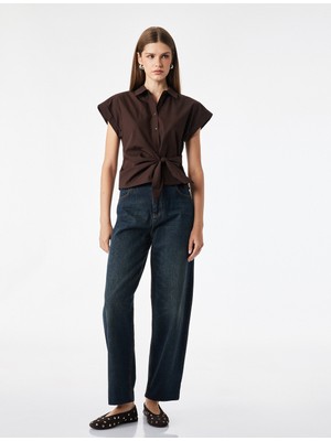 Koton Slim Fit Kısa Kollu Pamuklu Asimetrik Bağlama Detaylı Poplin Gömlek
