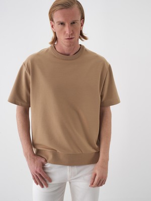 Xint Erkek Camel Pamuk Dokulu Oversize Tişört