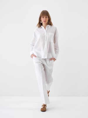 Xint Kadın Beyaz %100 Keten Oversize Gömlek