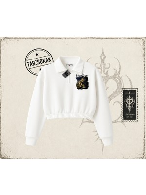 Tarzsokak Unisex Literally Me Kadın Crop Polo Yaka Yarım Fermuarlı Sweatshirt Beyaz