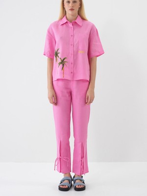 Xint Kadın Pembe %100 Keten Regular Fit Pantolon