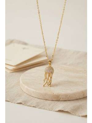 316L Çelik Zincir Gold Renk Zirkon Taşlı Jellyfish Model Kolye Midastech