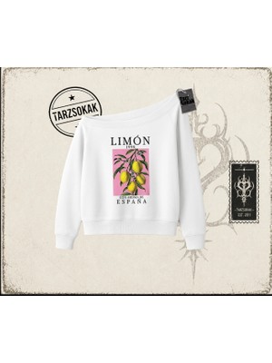 Tarzsokak Unisex Limon 1998 Kadın Kayık Yaka Sweatshirt Beyaz