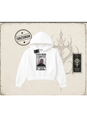 Tarzsokak Unisex Look Mom I Can Fly Kadın Crop Kapşonlu Sweatshirt Beyaz