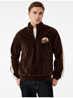 Koton Regular Fit Renk Bloklu Nakışlı Yarım Fermuarlı Polar Sweatshirt