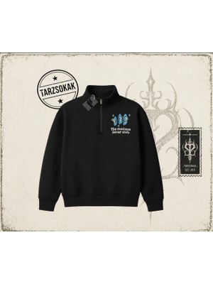 Tarzsokak Unisex Madness Never Ends Unisex Polo Yaka Yarım Fermuarlı Sweatshirt Beyaz