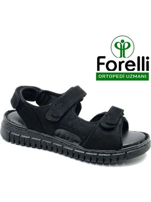 Forelli Paprika Hakiki Deri Comfort Ortopedik Kadın Sandalet Siyah