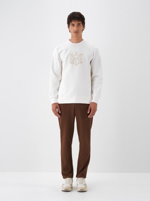Erkek Ekru Pamuk Dokulu Regular Fit Sweatshirt