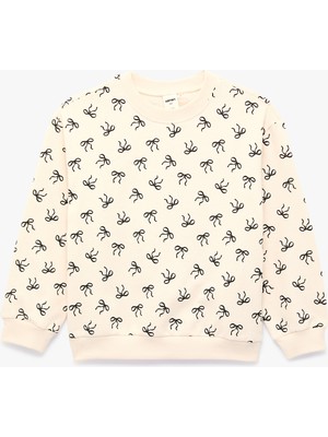 Koton Pamuklu Uzun Kollu Bisiklet Yaka Baskılı Şardonlu Fiyonklu Sweatshirt