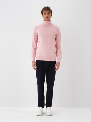 Erkek Pembe Doğal Yün Dokulu Regular Fit Kazak