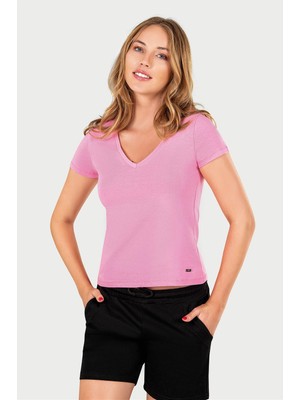 Obje Kadın Pembe V Yaka T-Shirt