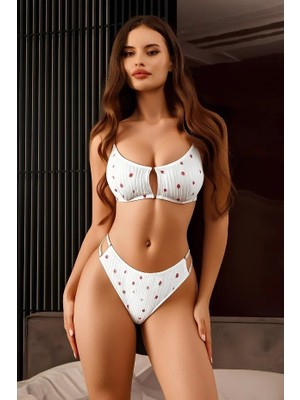 Bemy Store Kadın Beyaz Çilek Desenli Özel Tasarım Sütyen Külot Seti