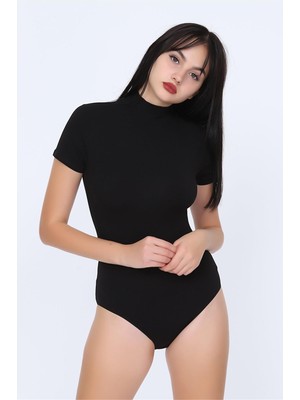 Obje Kadın Siyah Penye Yarım Kol Çıtçıtlı Body