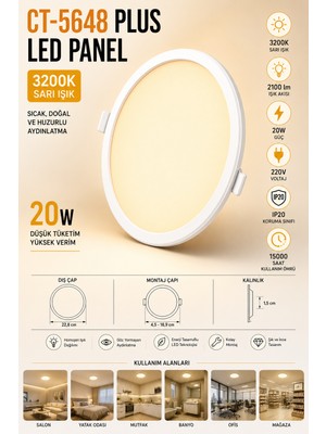 Yenilig CT-5648 Plus LED Panel 20W Yuvarlak Sıva Altı LED Spot Armatür