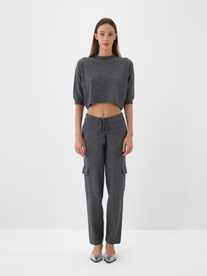Kadın Antrasit Doğal Yün Dokulu Regular Fit Pantolon