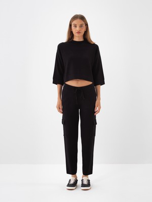 Kadın Siyah Doğal Yün Dokulu Regular Fit Pantolon