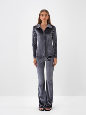 Kadın Antrasit Lüks Dokulu Soft Kadife Slim Fit Pantolon