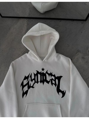 İlk El Grup Erkek Kapüşonlu Kanguru Cepli Sweatshirt 3 Iplik Pamuklu Baskılı Hoodie - Beyaz